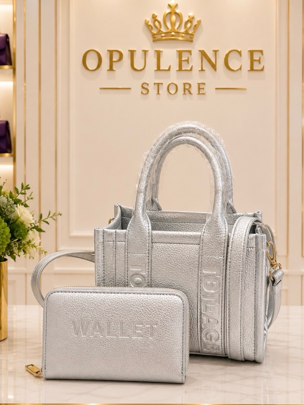 Silver Metallic Mini Tote and Wallet Set